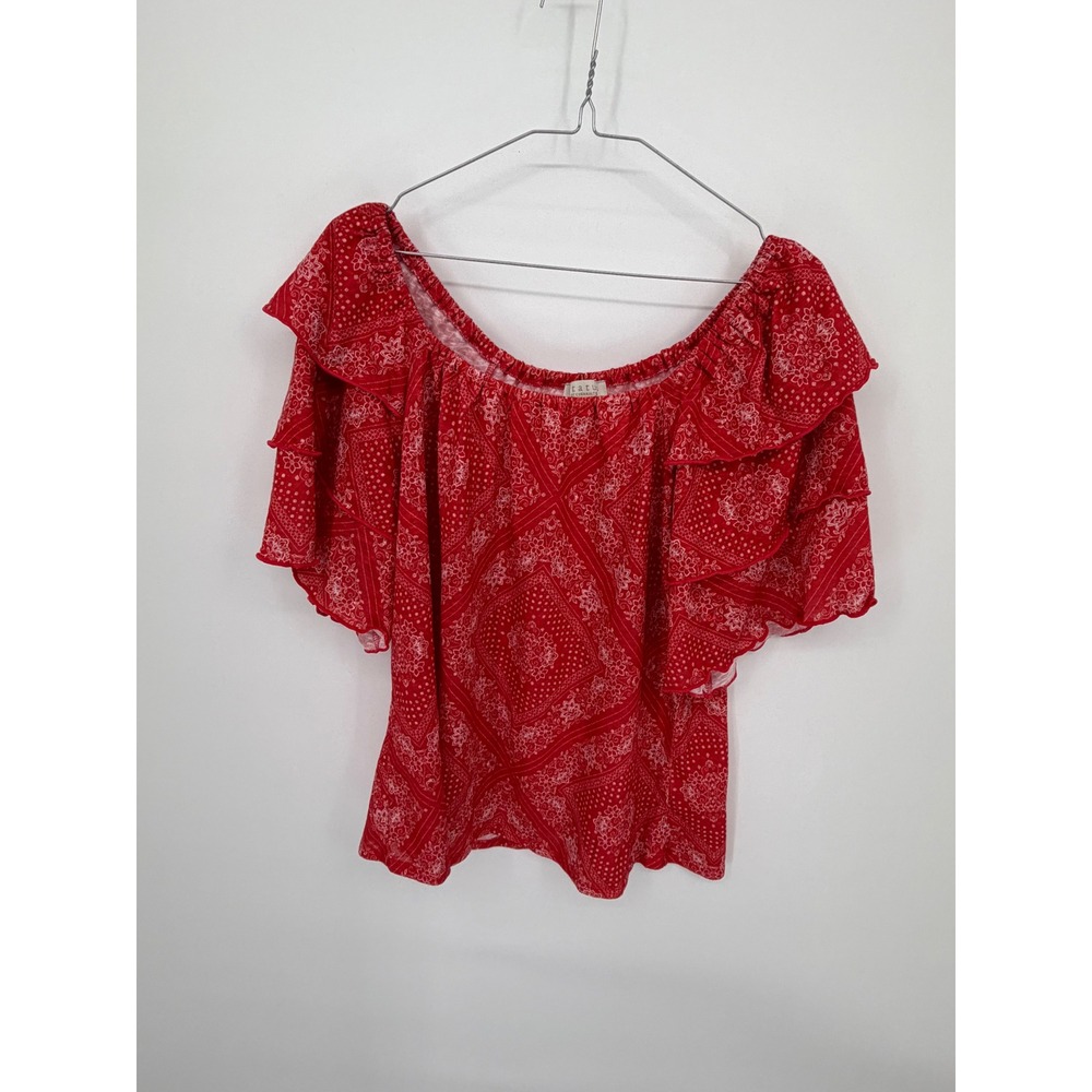 Status by Chenault Womens Off Shoulder Ruffle Sleeve Bandana Print Red XL